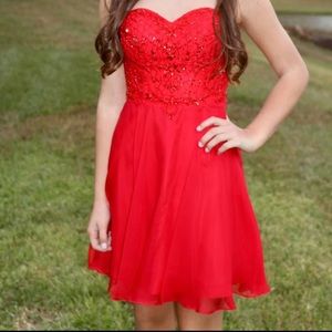 Short Strapless Red Flowy Sequin Dress